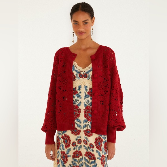 Farm Rio Red Crochet Flower Knit Cardigan XL - Picture 6 of 7